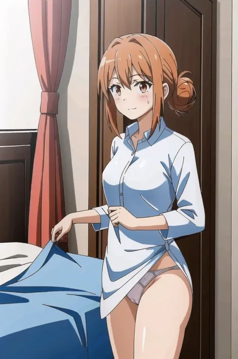 NSFW，masterpiece, (Highest quality:1.3), cowboy shot，looking at viewer，Beautiful attention to detail, (One girl, Mrs. Yuigahama, Orange Hair, Hair Bun), bedroom，standing, White dress，skirt lift，show off your panties，cute panties