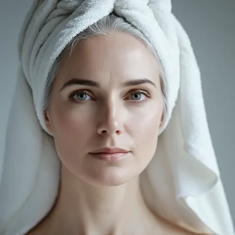 cinematic film still of bright light, bright, a woman with a white towel on her head High-key lighting Style,1girl,solo,long hair,gray hair, elder, 50 years old,looking at viewer,simple background,white background,bare shoulders,white hair,lips,makeup,pale...