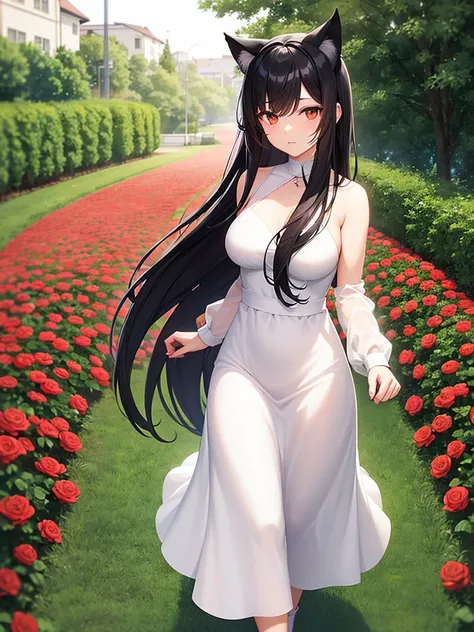 black haired anime woman with cat ears wearing a white dress walking on a path of red roses with an evening sky