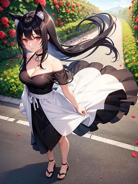 black haired anime woman with cat ears wearing a white dress walking on a path of red roses with an evening sky