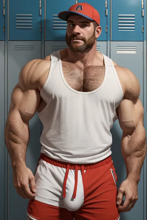 (medium_wide_shot), white man, (39yo), (auburn_haired), handsome, hunk, beautiful man, beard, muscled, beefcake, hunky, sturdy, hairy, (white tank top), red_shorts, bulge, (cap with the word COACH), (coach_whistle), detailed_face, detailed_eyes, looking at...