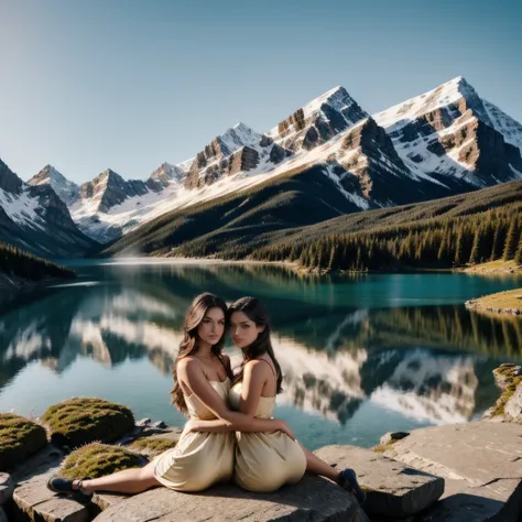 twin models,  long eyelashes, looking at camera, overlooking a lake in the canadian rockies, mountainous landscape, natural ligh...