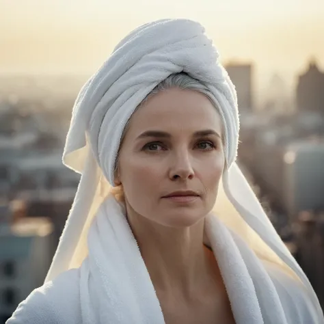 cinematic film still of bright light, bright, a woman with a white towel on her head High-key lighting Style,1girl,solo,long hair,gray hair, elder, 50 years old,looking at viewer, city background, city background,bare shoulders,white hair,lips,makeup,pale ...