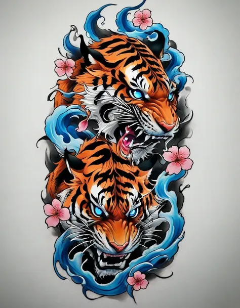 ((solo tiger)), traditional japanese tattoo design, realistic tattoo art of orange tiger with (((blue eyes))), he is with open m...