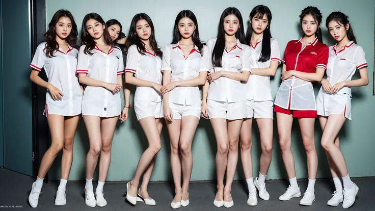 （Highest quality、32K、masterpiece:1.3)、(Beautiful woman:1.3)、(5 girls:1.3)、(Full body photo:1.3)、(Bra visible through clothes、underwear、uniform、White shirt、Red bra、Short sleeve、See-through)