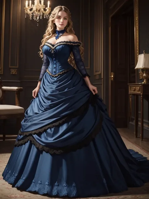 Victorian woman blue eyes, dark blonde wavy tied hair, wearing a light dress at a ball full body