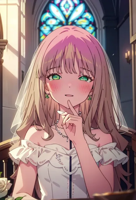 minami yume ,sss Dynazenon ,Long Hair, Brown Hair, (Green Eyes:1.5) ,blush,happy smile, smile, Open your mouth,Off-the-shoulder wedding dresses,Wedden Skirt,necklace,Veil,bouquet,Close both eyes,Tears stream down her face,Tears of joy,I cry a lot,　　　　　　　　　...