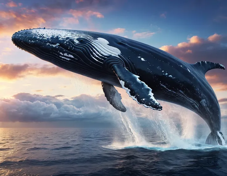 1 gigantic whale, surreal whale flying in the sky, detailed anatomy of whale, photorealistic, cinematic lighting, dramatic cloud...