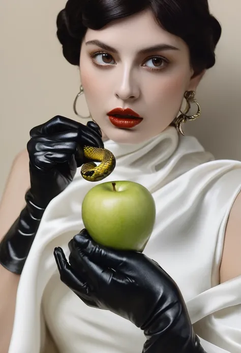 A close shot of woman hand, a black latex gloved hand,holding a snake and an apple in their hand, one holds apple in hand, about to consume you, inspired by Michelangelo Merisi da Caravaggio, done in the style of caravaggio, snake around  hand and biting a...