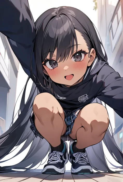 (anime style),masterpiece, best quality, extremely detailed,12Year old,tanned skin,dark skin, Beautiful tiny body,small breasts,BREAK,multicolored colorful black hair,absurdly long hair,for head,BREAK,black eyes,best smile,open mouth,detailed lips,BREAK,co...