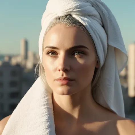 cinematic film still of bright light, bright, a woman with a white towel on her head High-key lighting Style,1girl,solo,long hair,gray hair, elder, 50 years old,looking at viewer, city background, city background,bare shoulders,white hair,lips,makeup,pale ...