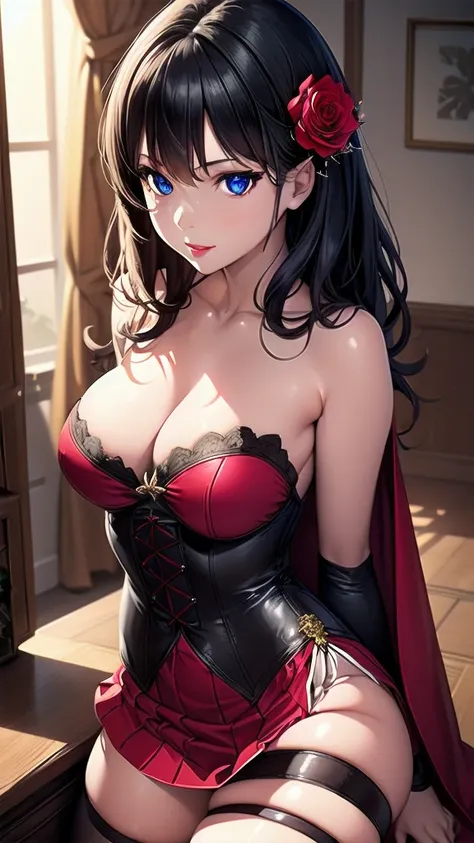 masterpiece, best quality, solo girl, black hair, blue eyes, long hair, medium breasts, sexy body and face, wavy hair, smile, parted lips, red lips, ribbon, crown of thorns, thorns, (red cape, dress flower), detached sleeves, hair flower, hair ornament, lo...