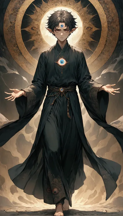 a boy with short hair, solo, third eye on the forehead, elf ears, long robe with eye patterns and dark colors, full body shot, death stare background, dynamic pose