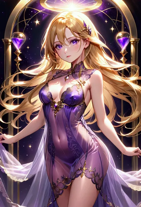 Adult female,long golden hair, purple eyes,hourglass body figure,see through nightgown