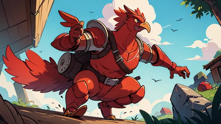 a giant red chicken with a saddle and metal armor