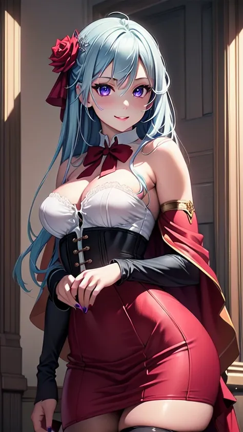 masterpiece, best quality, solo girl, silverly blue hair, purple eyes, long hair, medium breasts, sexy body and face, wavy hair, smile, parted lips, red lips, ribbon, crown of thorns, thorns, (red cape, dress flower), detached sleeves, hair flower, hair or...