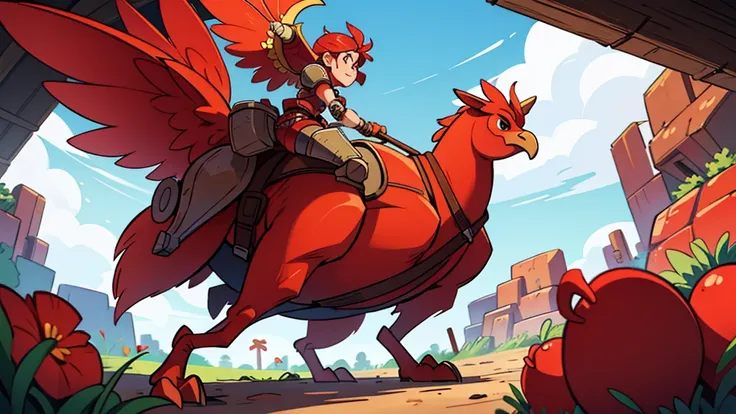 a giant red chicken with a saddle and metal armor