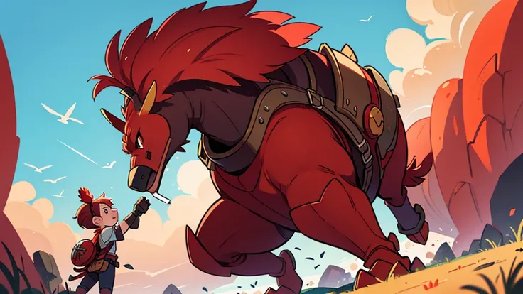 a giant red chicken with a saddle and metal armor