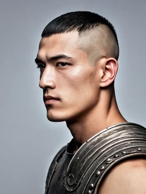 １８age,Hairstyle is skinhead。Face、A young man as strong and handsome as the Athenian god Ares。Half Westerner, half Asian。Deep moat。