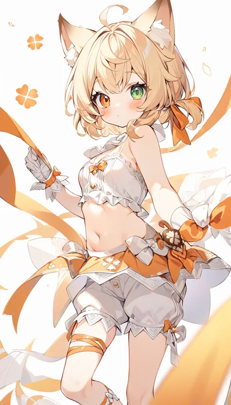 The fox girl,1girl,short hair, The hairstyle is like Klees,animal ears, bangs, bare shoulders, blonde hair, blush, bow, breasts, white cleavage, cropped torso, , green eyes, hair ribbon, heterochromia, , looking at viewer, , orange bow, orange eyes, orange...