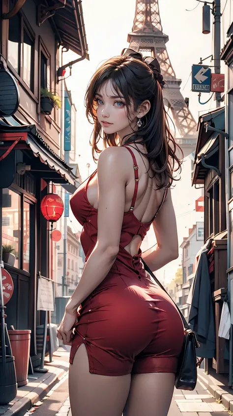 Stunning 3D rendering of a beautiful woman in shorts, Red dress, Lush tree々posing seductively in a narrow alley surrounded by. The iconic Eiffel Tower in the background々Standing there. Woman playfully lifts her dress、Showing her attractive ass。, Make the s...