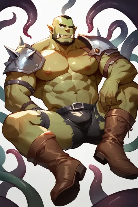 score_9, score_8_up, score_7_up, solo, male focus, muscle male , orc, green skin, tusks, nipples , , micro armor , shoulder armor , strip club , (( black micro damaged tight shorts )) , ((( arouse by tentacles ))) , full body , boots , laying spread legs ,...