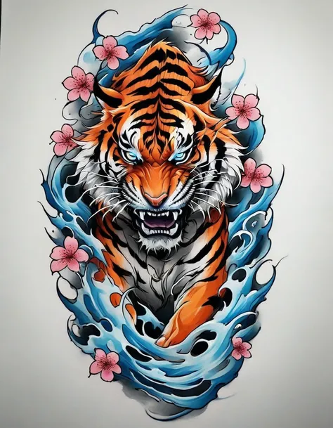 ((solo tiger)), traditional japanese tattoo design, realistic tattoo art of orange tiger with blue eyes, he is with open mouth l...