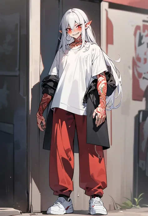 Boy, white hair, long straight hair, red eyes, wild smile, sharp teeth, pointed ears, fair skin, long black coat, white shirt, red pants, white sneakers, red tribal tattoos on arms, red facial tattoo, high quality, 4K, anatomically correct
