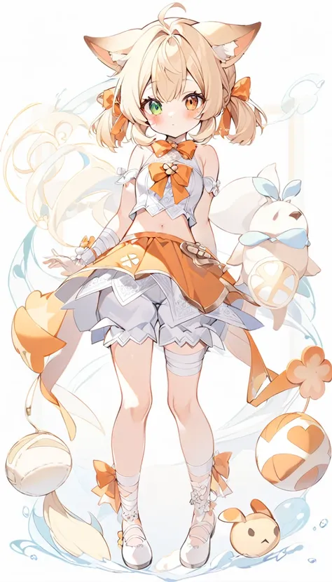 The fox girl,1girl,short hair, The hairstyle is like Klees,animal ears, bangs, bare shoulders, blonde hair, blush, bow, breasts, white cleavage, cropped torso, , green eyes, hair ribbon, heterochromia, , looking at viewer, , orange bow, orange eyes, orange...