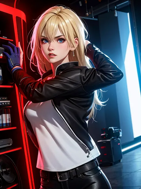 25-year-old woman, alone, blonde hair, red jacket, black t-shirt, black belt and black pants, black fingerless exercise gloves, annoyed look, expelling great blue power, cinematic, ultra-sharp focus, photography award winning, perfect contrast, high sharpn...