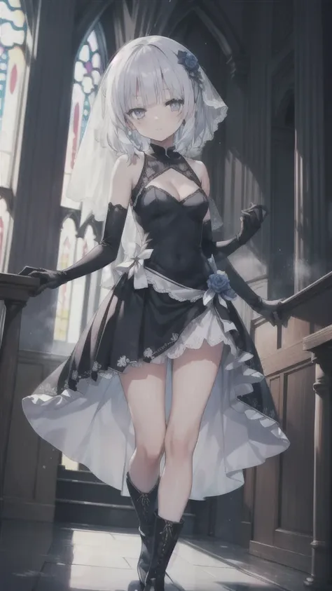 A girl，16 years old，Short hair, Bangs, White hair, Hair between the eyes, Purple Eyes:（1.5),  (Medium breasts:1.2), 
rest  锁骨, Wedding dress，veil，wedding，Black dress，Flowers，dress，Black socks，Black knee socks，Black gloves，Long boots，Cleavage，
Looking at th...