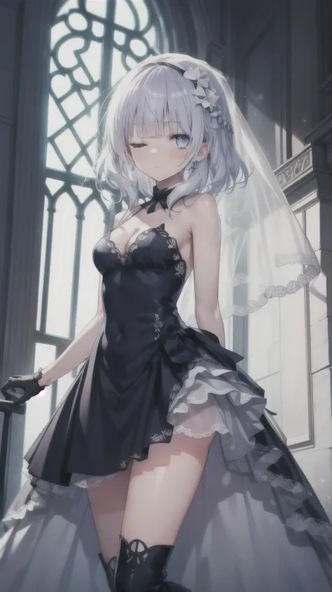 A girl，16 years old，Short hair, Bangs, White hair, Hair between the eyes, Purple Eyes:（1.5),  (Medium breasts:1.2), 
rest  锁骨, Wedding dress，veil，wedding，Black dress，Flowers，dress，Black socks，Black knee socks，Black gloves，Long boots，Cleavage，
Looking at th...