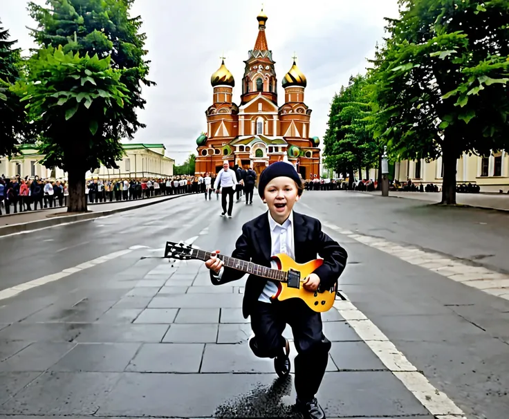 joseph barbara playing electric guitar running outside church at moscow