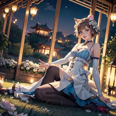 1girl, white roses, ornament hair, cat ears, roses on her hair, maid, maid dress, maid headdress, maid apron, light brown hair, short hair, seat on the grass, garden scene, Chinese maid dress, gold lantern, blue dress, more details on her clothes, golden d...