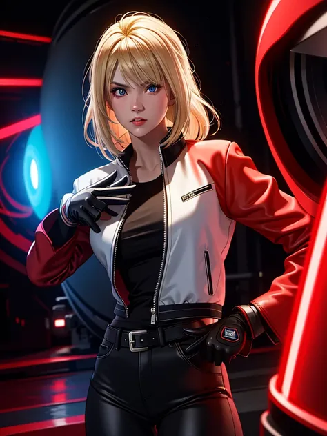 25-year-old woman, alone, blonde hair, red jacket, black t-shirt, black belt and black pants, black fingerless exercise gloves, annoyed look, expelling great blue power, cinematic, ultra-sharp focus, photography award winning, perfect contrast, high sharpn...