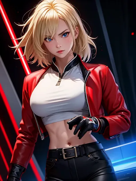 25-year-old woman, alone, blonde hair, red jacket, black t-shirt, black belt and black pants, black fingerless exercise gloves, annoyed look, expelling great blue power, cinematic, ultra-sharp focus, photography award winning, perfect contrast, high sharpn...