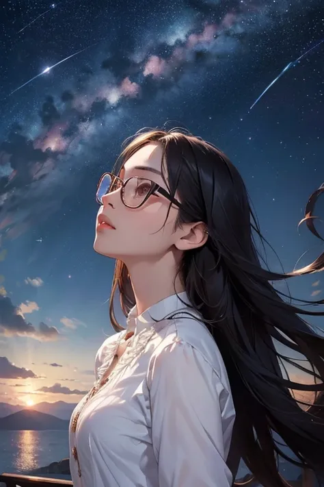 Highest quality、masterpiece、High sensitivity、High resolution、Detailed Description、Slender women、Glasses、Silk clothes、Gloss、With open arms、Looking up at the stars、