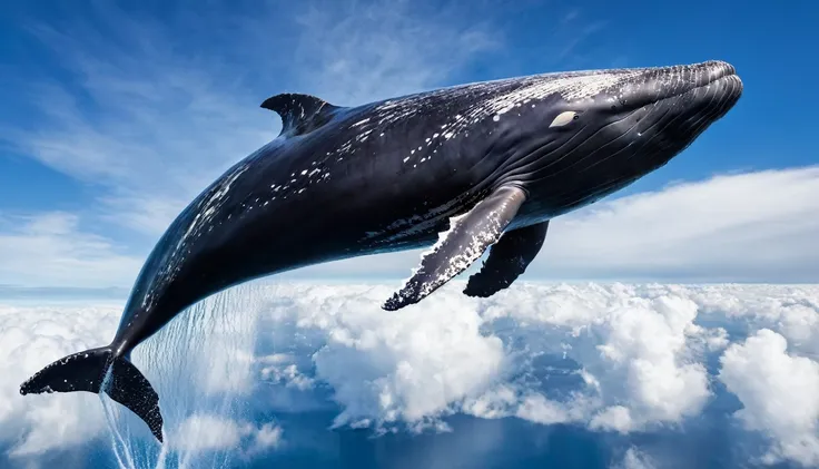 1 baleine géante, baleine surréaliste volant dans le ciel, anatomie détaillée de la baleine, photoréaliste, éclairage cinématogr...