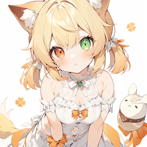 the fox girl,1girl,short hair, the hairstyle is like klee's,animal ears, bangs, bare shoulders, blonde hair, blush, bow, breasts...