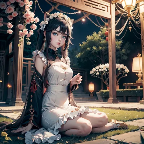 1girl, white roses, long hair, cat ears, roses on her hair, open jacket, short shirt, cropped, short skirt, black hair, long hair, seat on the grass, garden scene, maid clothes, gold lantern, red dress, more details on her clothes, golden details, night, s...