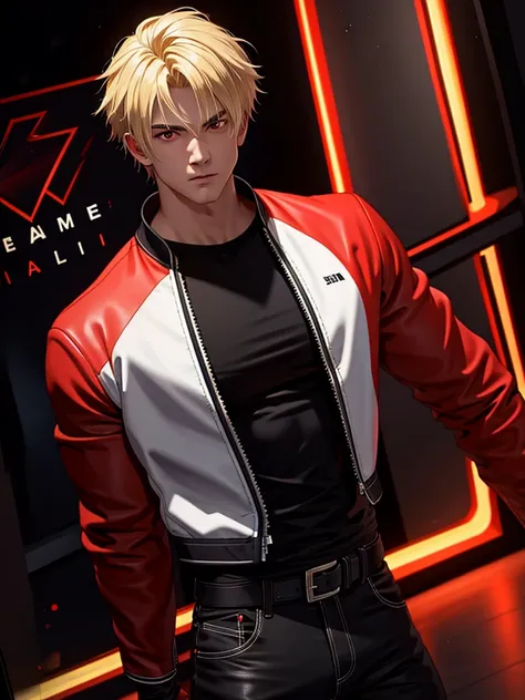 25-year-old man, alone, alone, athletic, muscular, blonde hair, red jacket, black t-shirt, black belt and black pants, black exercise gloves, annoyed look, expelling great blue power, cinematic, ultra-sharp focus, award winning photography, perfect contras...