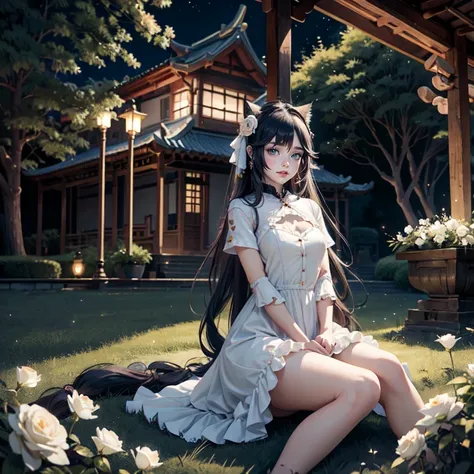 1girl, white roses, long hair, cat ears, roses on her hair, dress, short skirt, black hair, long hair, seat on the grass, garden...