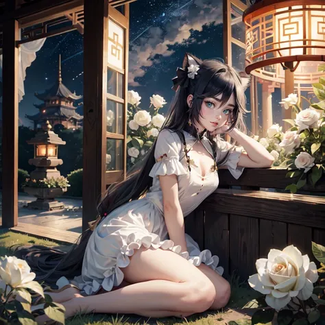 1girl, white roses, long hair, cat ears, roses on her hair, dress, short skirt, black hair, long hair, seat on the grass, garden scene, lolita style of dress, gold lantern, navy dress, more details on her clothes, golden details, night, smiling, chinese st...