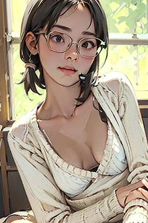 ((a white bra is visible through the gap in her wide-chested sweater..))close-up of chest、short hair girl、gray hair、glasses