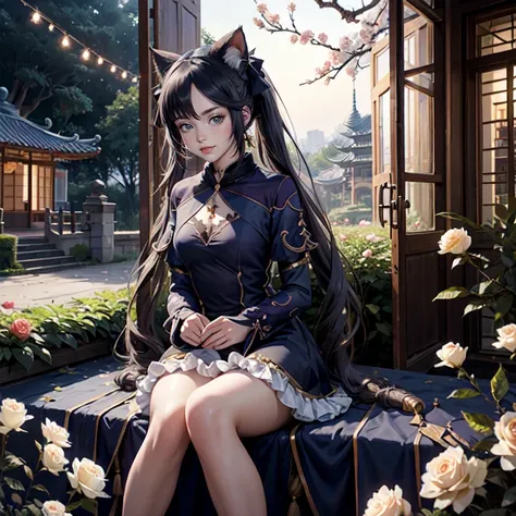 1girl, white roses, long hair, cat ears, roses on her hair, navy dress, short skirt, black hair, long hair, seat on the grass, garden scene, lolita style of dress, gold lantern, navy dress, lace garter, more details on her clothes, golden details, night, s...