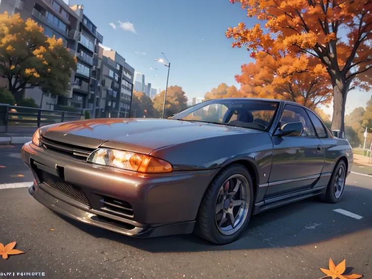 SKYLINER32, Sports car parked on a street covered with autumn leaves (city:1.3), autumn, Global Illumination, Volumetric lighting, Highest quality, Very detailed, CG, figure, Octane Rendering,  