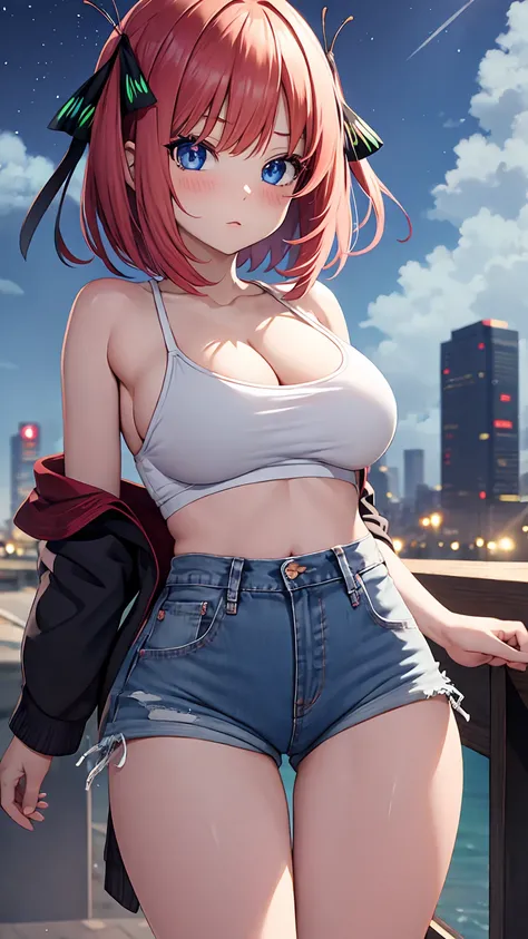 [nakano nino, pink hair, butterfly hair ornament, black cardigan], 1girl, anime girl, anime, girl, 2d girl, 16y, (fullbody), blue eyes, blush, cleavage, Solo, Slim, Big breasts, large Breasts, sfw, cowboy shot, Tight Shorts, low waist shorts, upshorts, out...