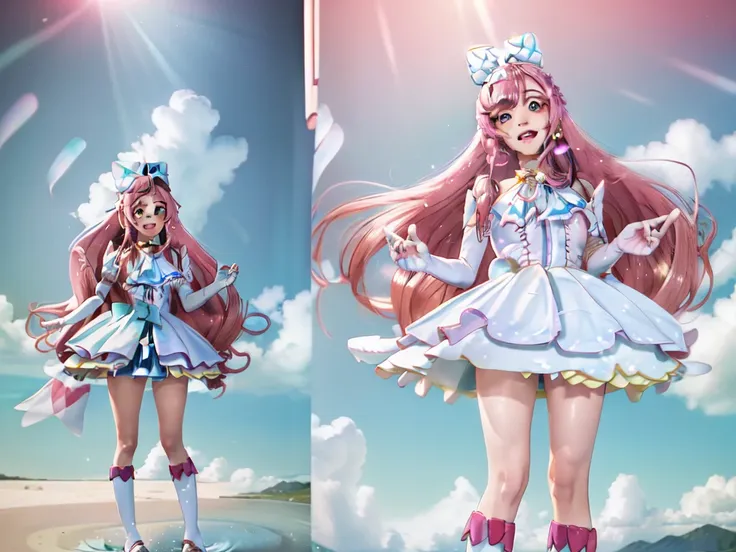 cure prism full body, ((masterpiece,highres)), full body, skirt lift, white panties, blush, nose blush, cameltoe, smile, masterp...