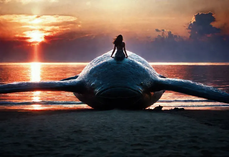 A sky whale, enormous wings, a woman lying on the beach watching its majestic flight, dreamy skies, (best quality,8k,highres,masterpiece:1.2),ultra-detailed,(realistic,photorealistic,photo-realistic:1.37),HDR,UHD,studio lighting,ultra-fine painting,sharp f...