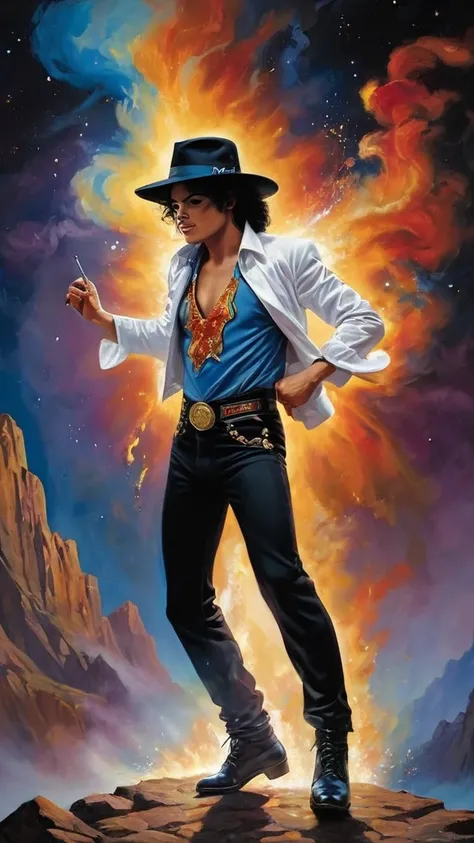 Full-body portrait of Michael Jackson dancing, Oil painting on canvas in the art style of Caravaggio, Thomas Kinkade, Neal Adams, Frank Frazetta, Boris Vallejo, Rembrandt, extremely colorful, universe, planet, performer, Milky Way, fire, explosion, cigaret...